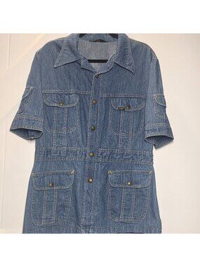 Lee Blue Denim Work Shirt Snap Button Vintage 1970's Safari Cargo Engineer LARGE